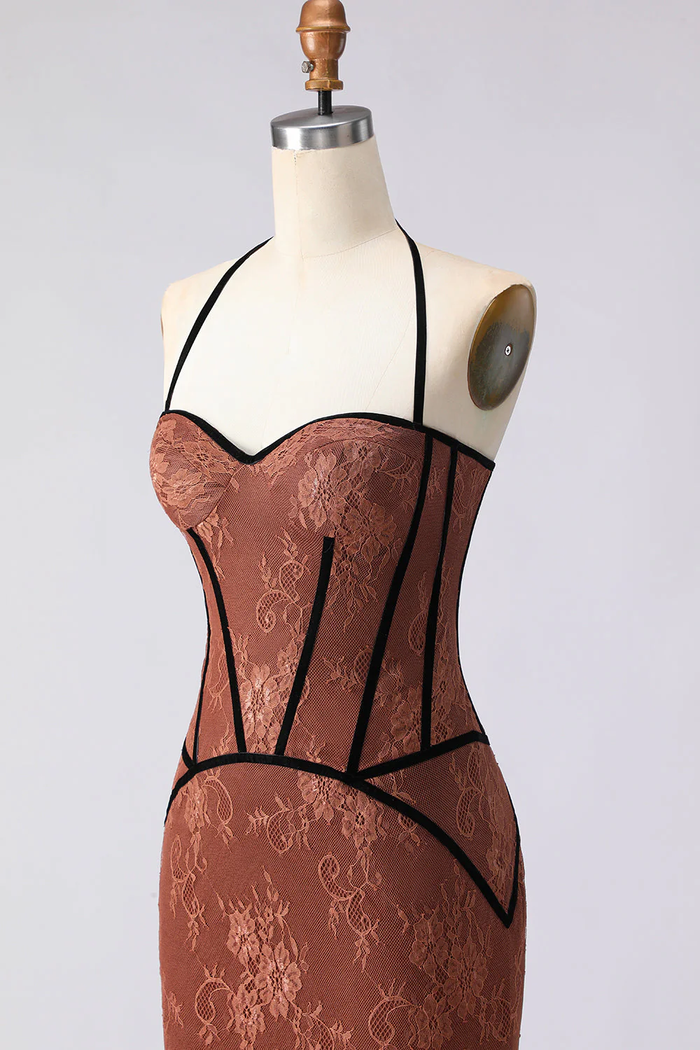 Halter Mermaid Brown Long Prom Dress with Lace - Image 6