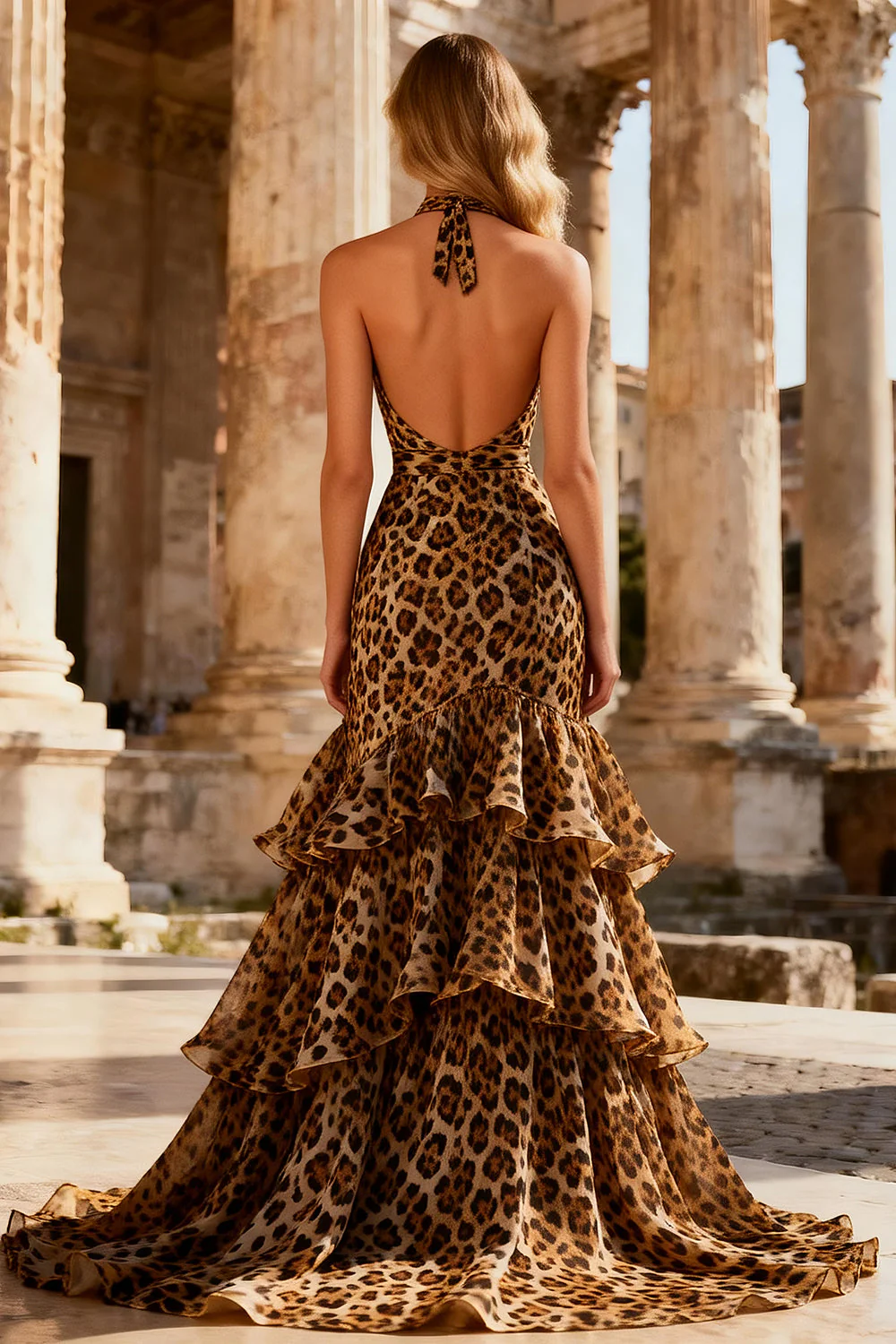 Halter Mermaid Khaki Leopard Ruffled Backless Long Prom Dress - Image 2