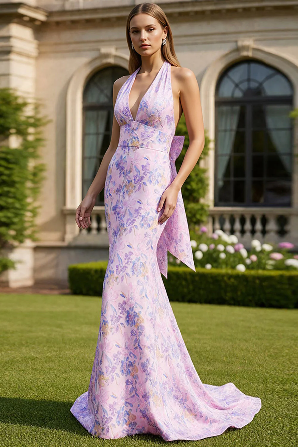 Halter Mermaid Lilac Floral Long Prom Dress with Bow - Image 3