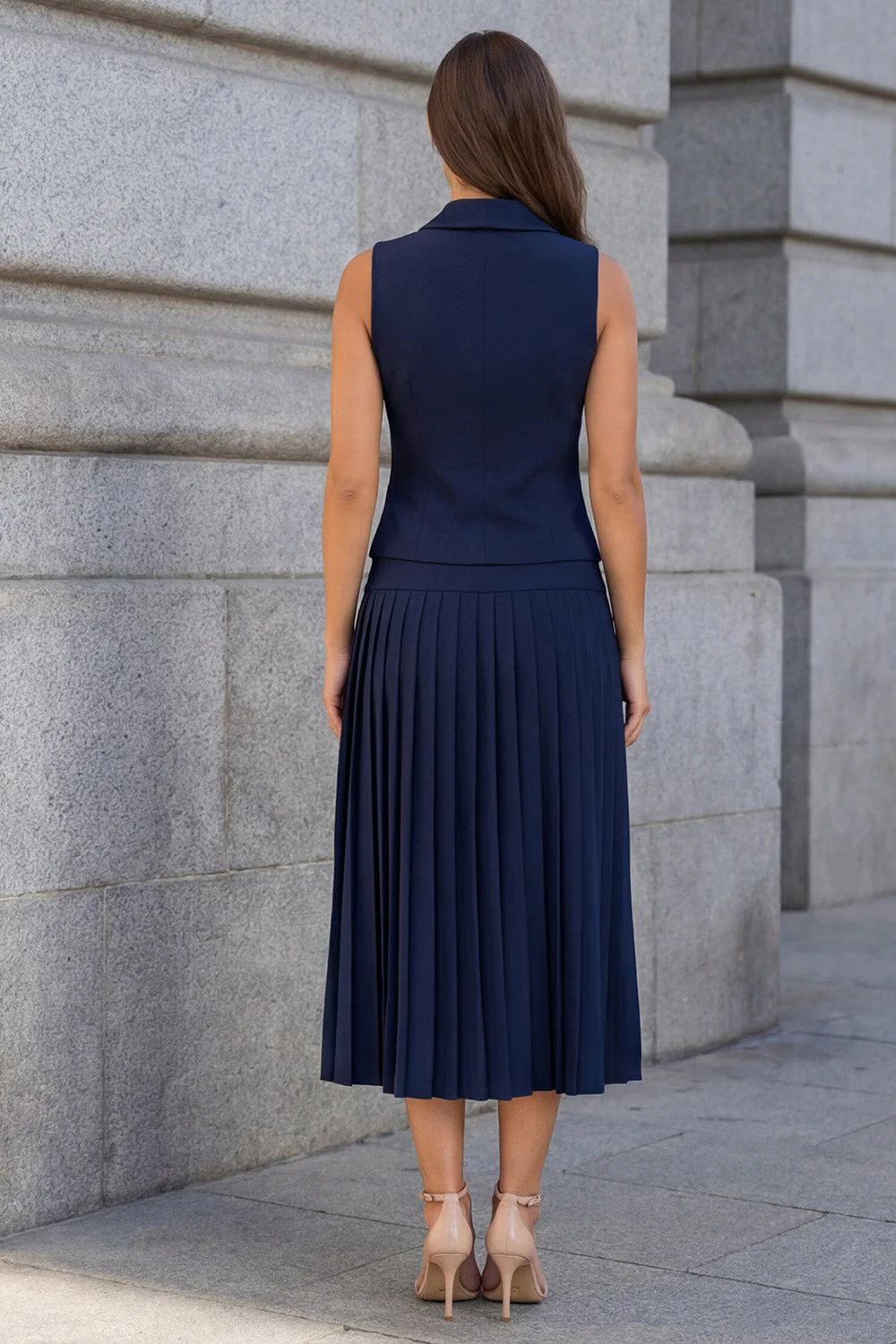 Navy A Line 2 Piece Single Breasted Halter Pleated Work Dress - Image 2