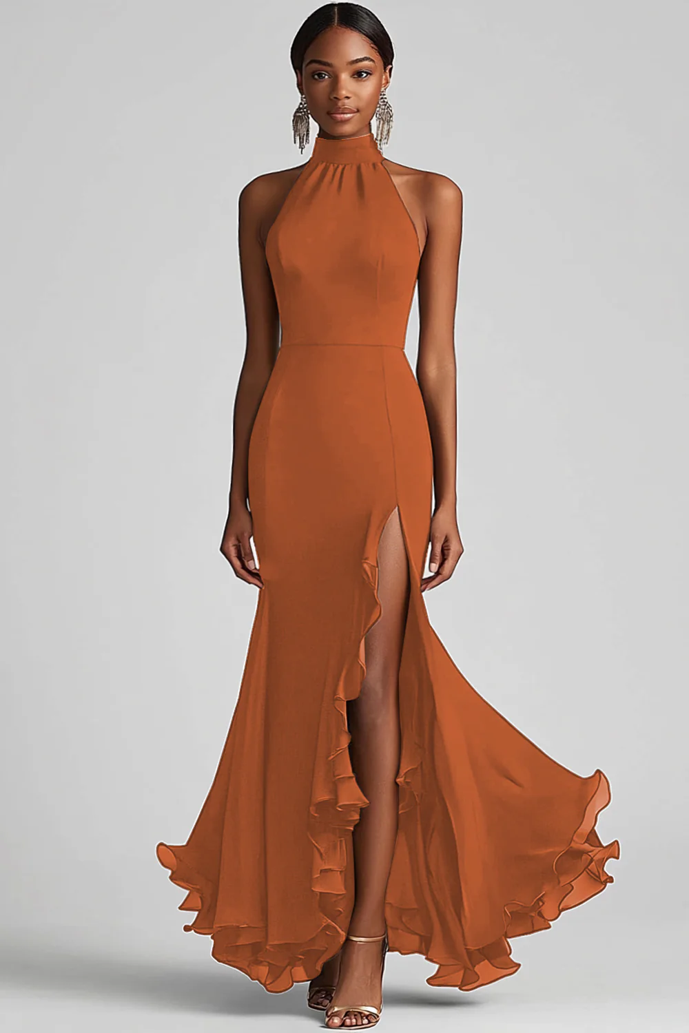 Halter Neck Black Ruffles Mermaid Long Evening Dress with Slit - Image 10