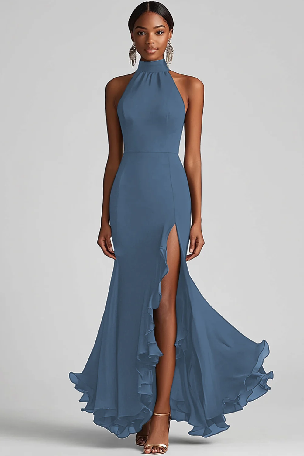 Halter Neck Black Ruffles Mermaid Long Evening Dress with Slit - Image 11