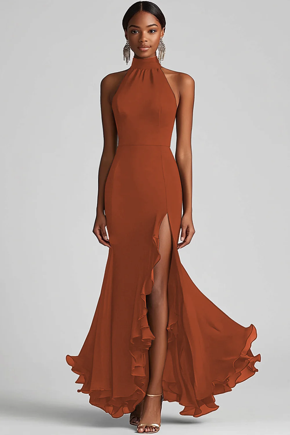Halter Neck Black Ruffles Mermaid Long Evening Dress with Slit - Image 12