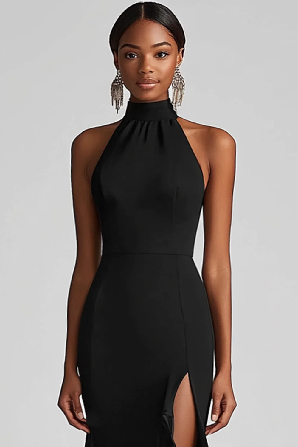 Halter Neck Black Ruffles Mermaid Long Evening Dress with Slit - Image 3