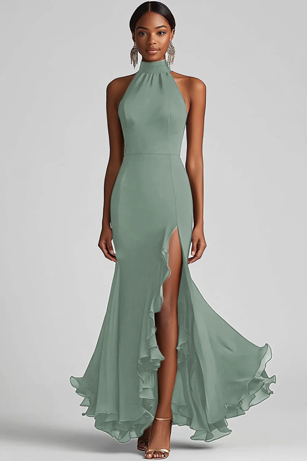 Halter Neck Black Ruffles Mermaid Long Evening Dress with Slit - Image 6