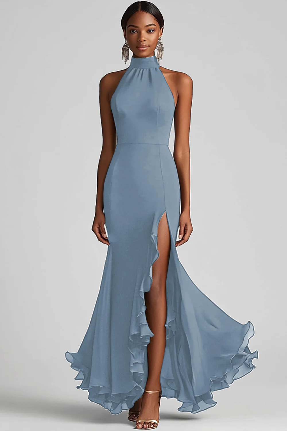 Halter Neck Black Ruffles Mermaid Long Evening Dress with Slit - Image 7