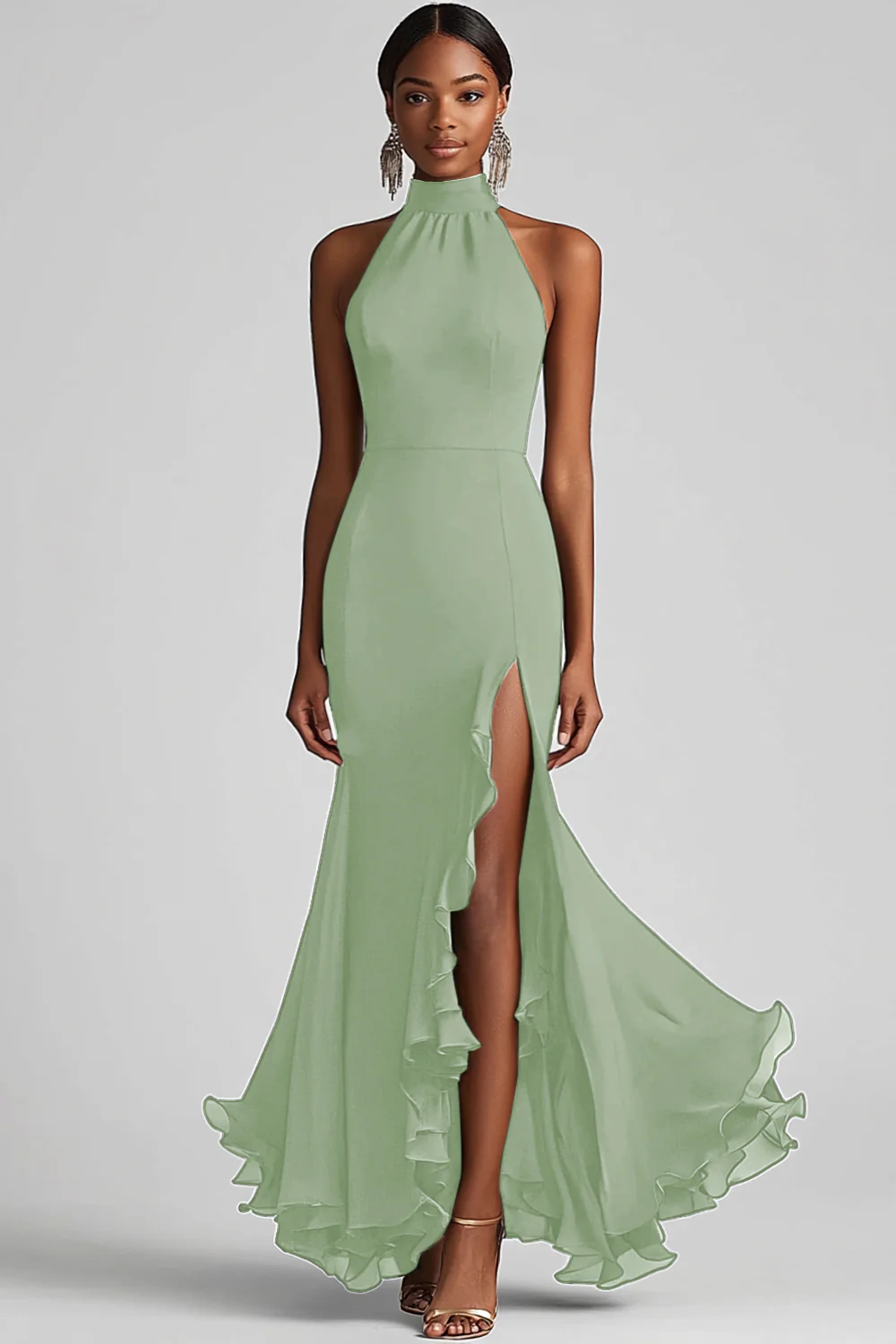 Halter Neck Black Ruffles Mermaid Long Evening Dress with Slit - Image 8