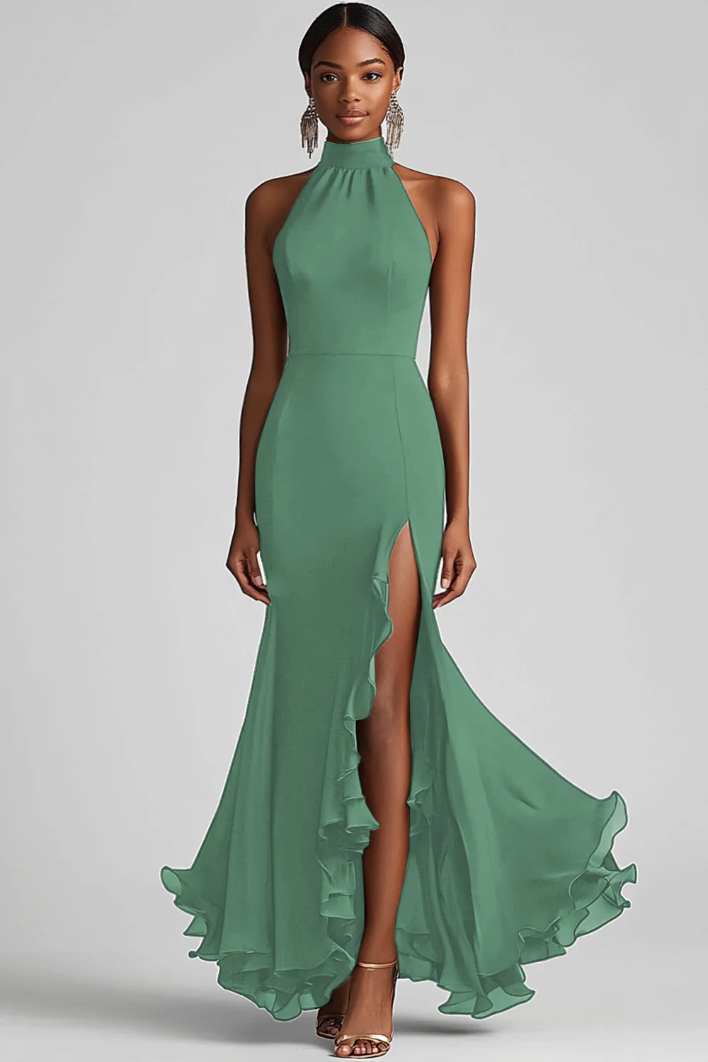 Halter Neck Black Ruffles Mermaid Long Evening Dress with Slit - Image 9