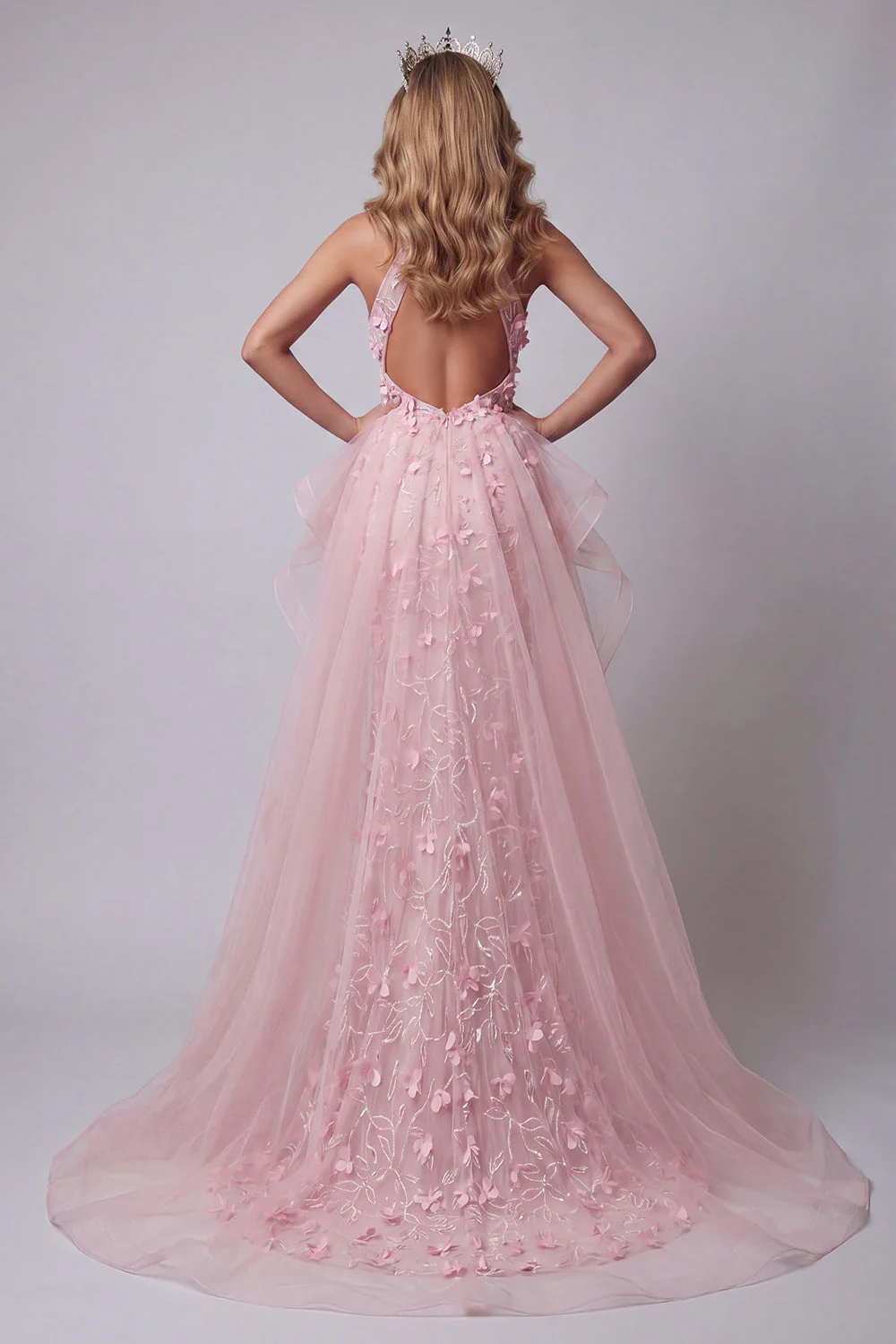 Halter Pink Ruffled Mermaid Open Back Evening Dress with 3D Flowers - Image 2