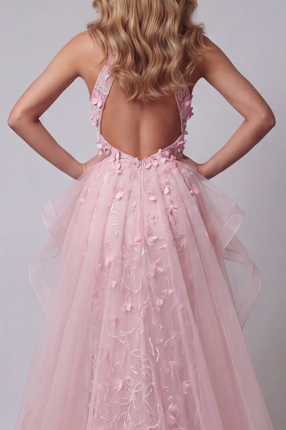 Halter Pink Ruffled Mermaid Open Back Evening Dress with 3D Flowers - Image 4