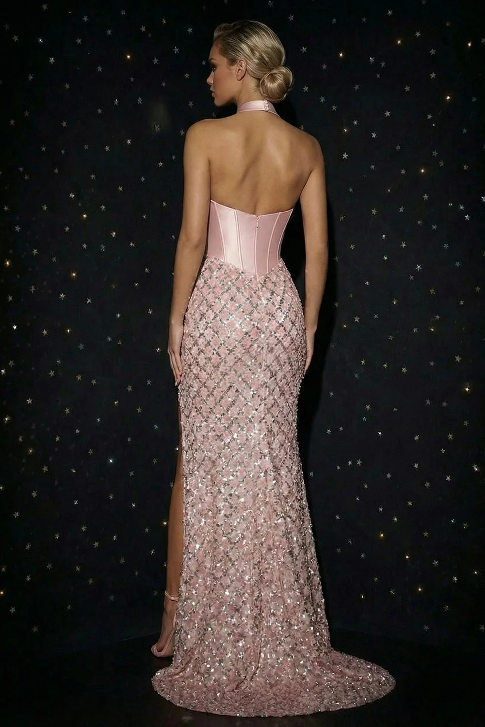 Halter Pink Sequins Mermaid Basque Waist Corset Long Evening Dress with Slit - Image 2
