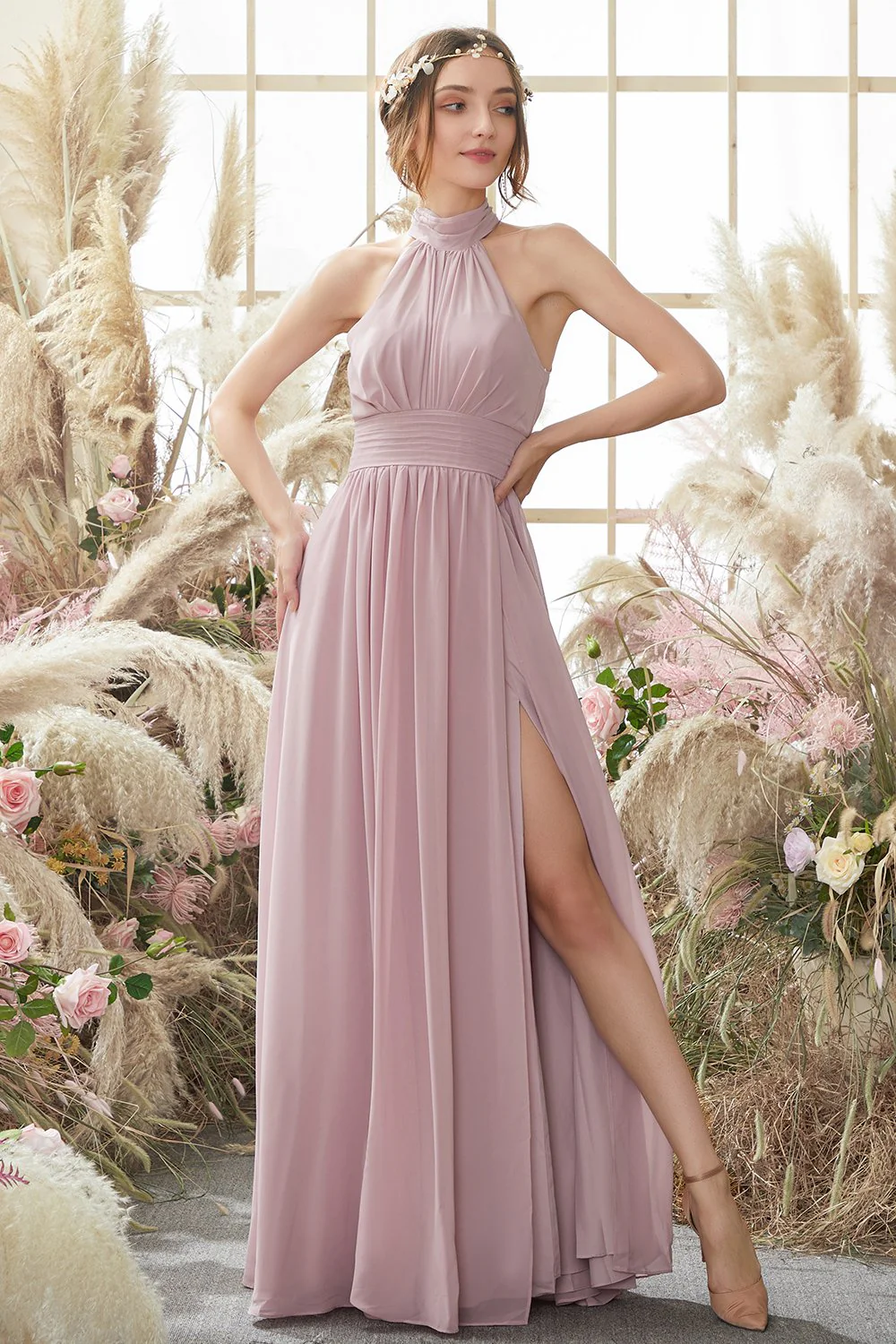 Halter Pleated Chiffon Bridesmaid Dress - Image 5