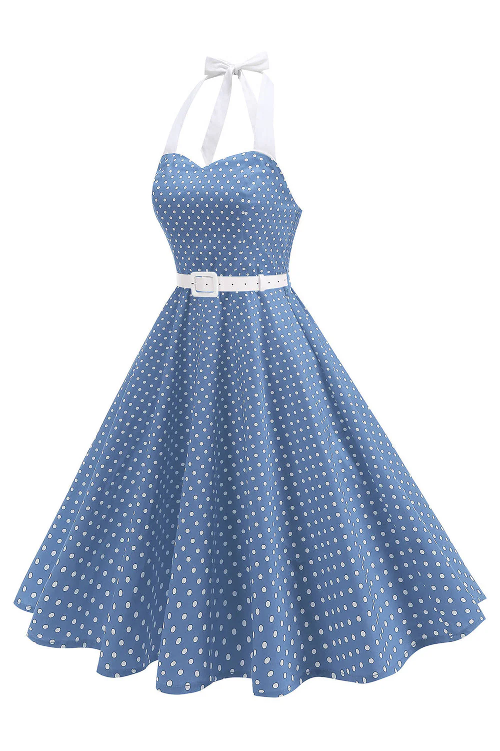 Halter Polka Dots Light Blue A Line 1950s Dress - Image 3