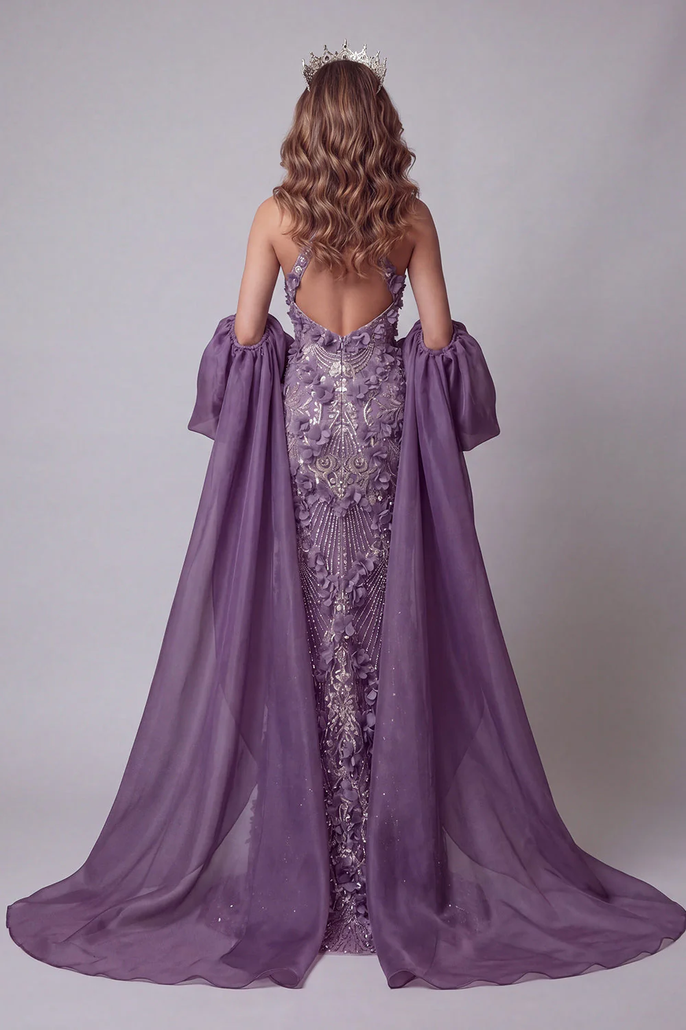 Halter Purple Sequins Mermaid Long Evening Dress with 3D Flowers - Image 2