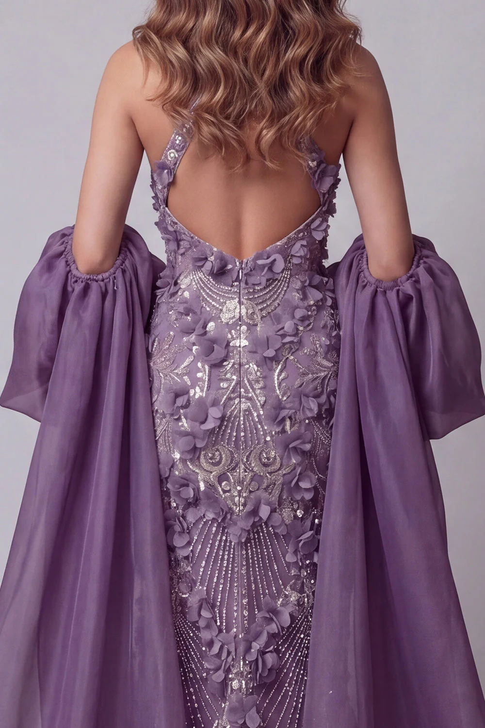 Halter Purple Sequins Mermaid Long Evening Dress with 3D Flowers - Image 4