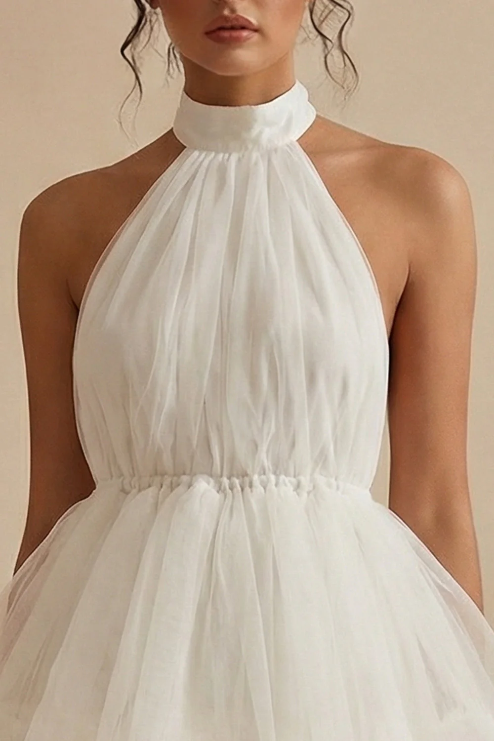 Halter White Ruffled A-Line Graduation Dress - Image 3
