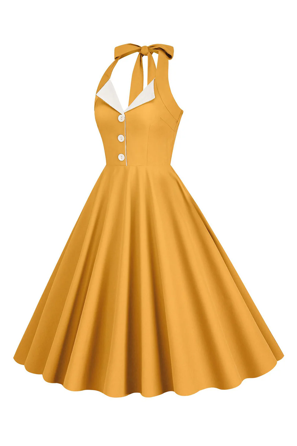 Halter Yellow A-Line Pleated Vintage Dress - Image 3