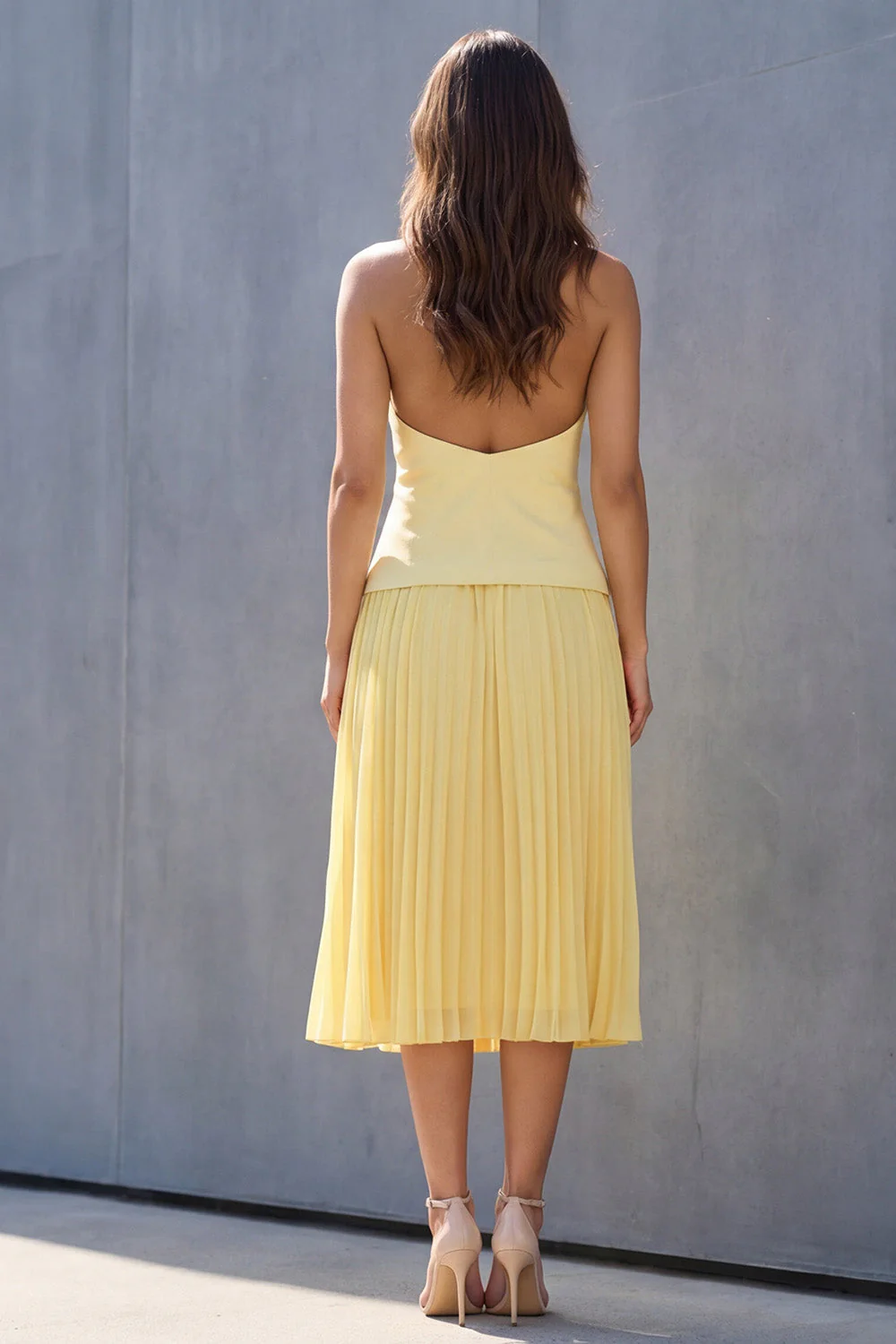 Yellow Halter Pleated A Line Single Breasted Midi Work Dress - Image 2
