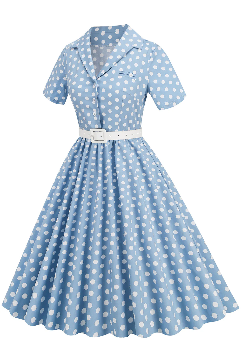 Hepburn Style V Neck Blue Polka Dots 1950s Dress - Image 3