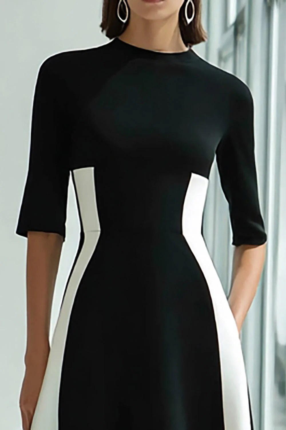 High Neck A-Line Black and White Long Evening Dress - Image 2