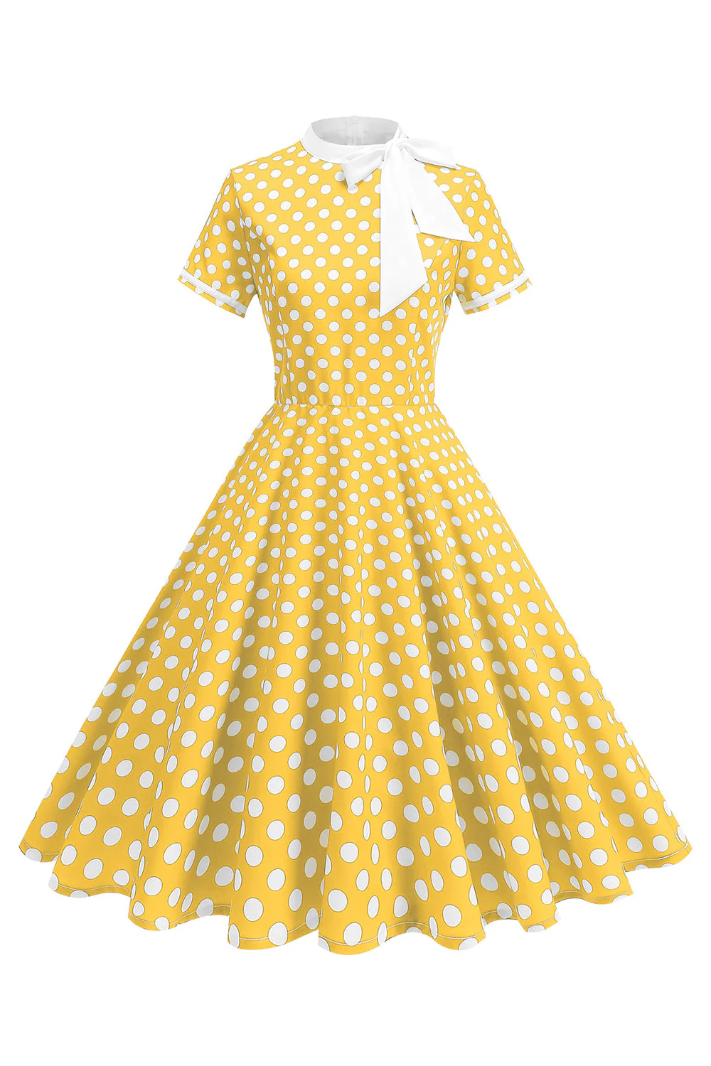 High Neck Black Polka Dots Bowed A Line 1950s Dress - Image 3