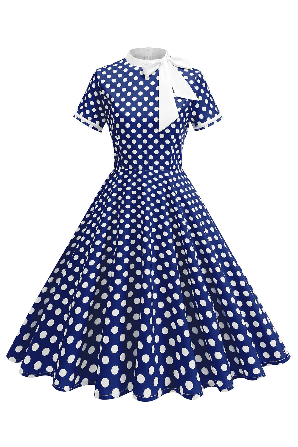 High Neck Black Polka Dots Bowed A Line 1950s Dress - Image 5