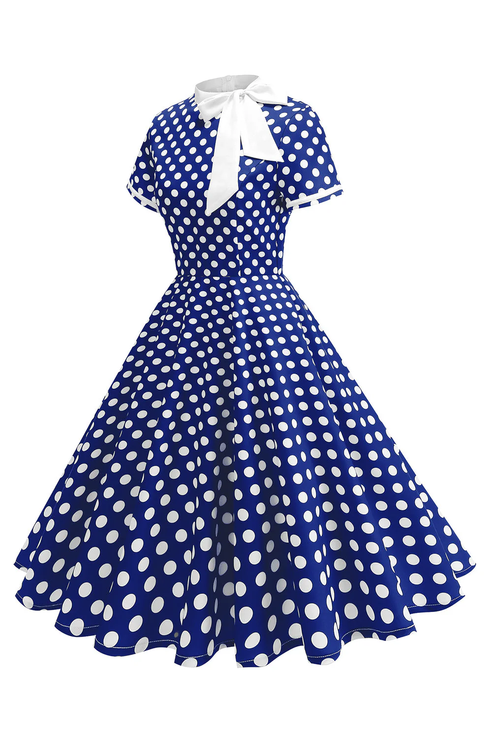 High Neck Black Polka Dots Bowed A Line 1950s Dress - Image 7