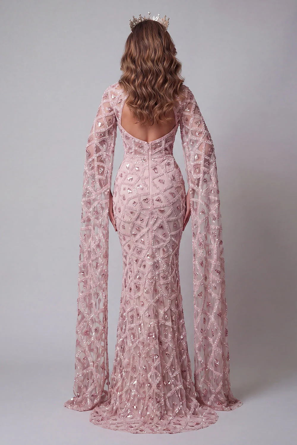 Sparkly Blush Mermiad High Neck Sequin Evening Dress with Side Cape - Image 2