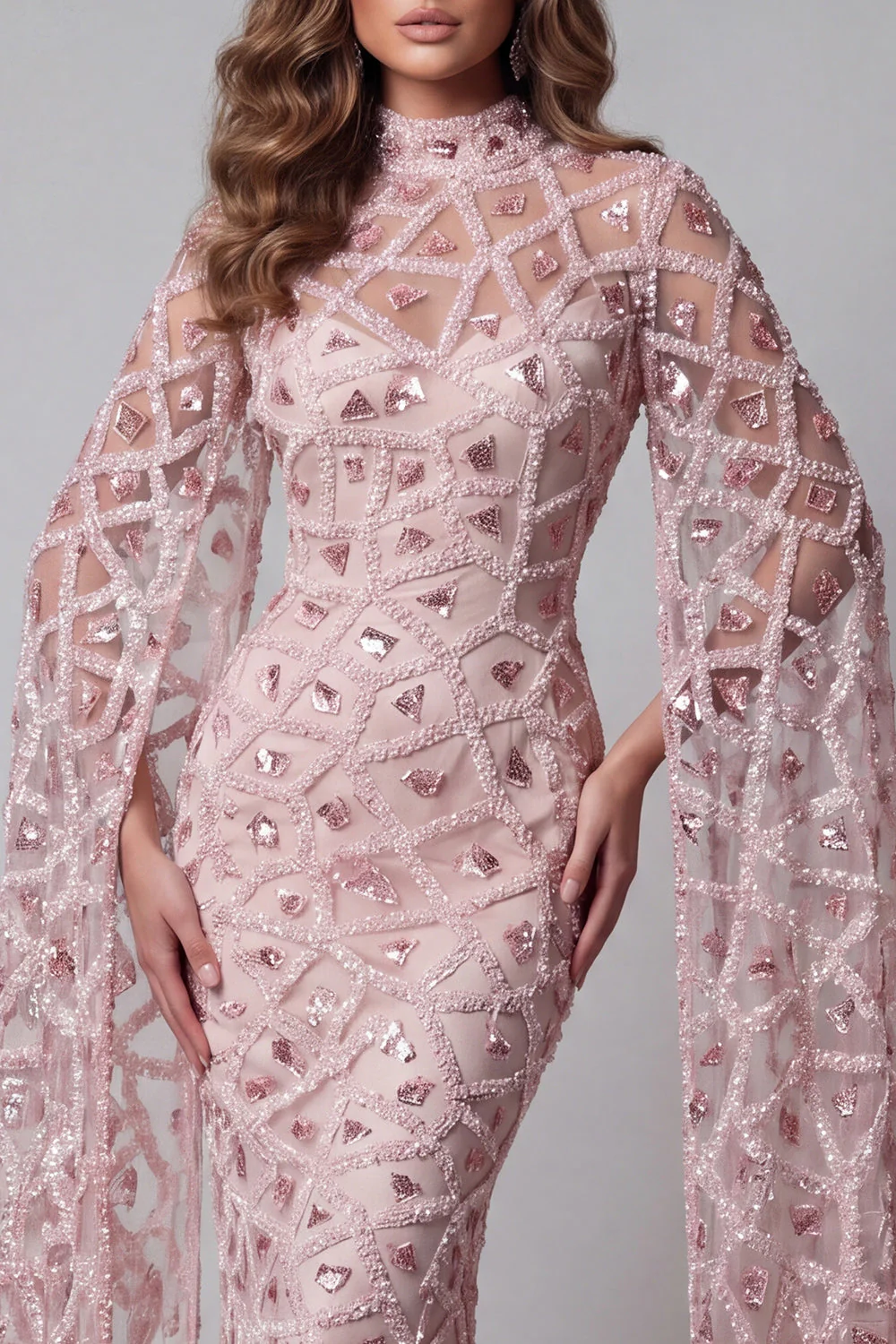 Sparkly Blush Mermiad High Neck Sequin Evening Dress with Side Cape - Image 3