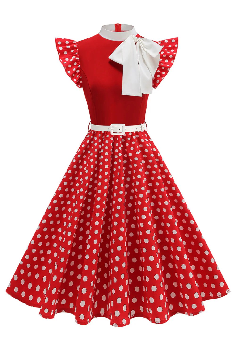 High Neck Polka Dots Black A Line 1950s Dress With Bow - Image 3