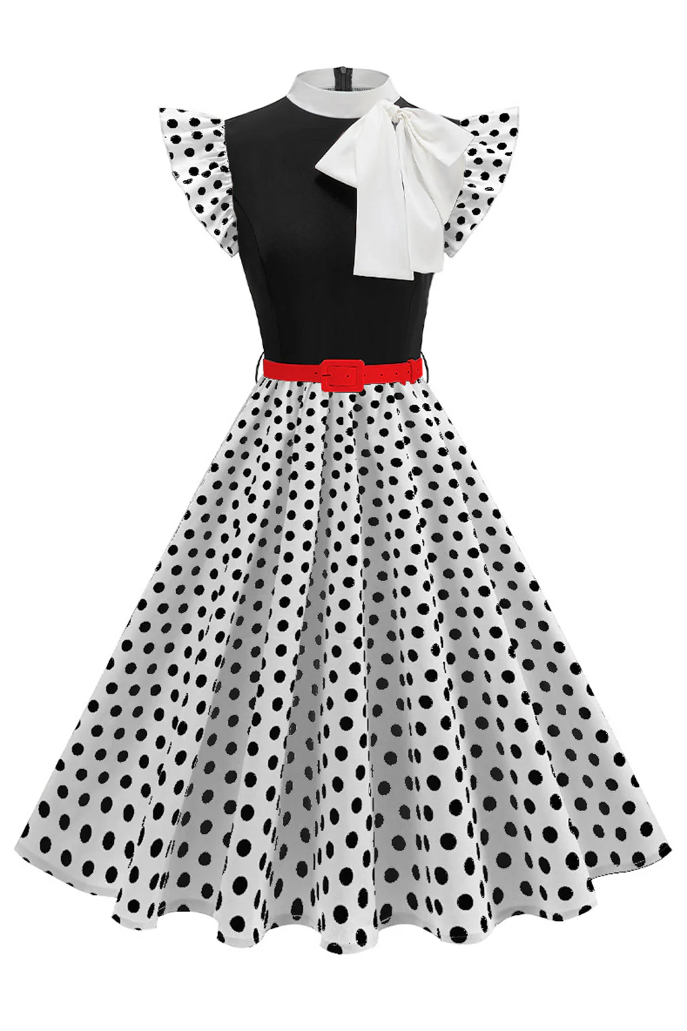 High Neck Polka Dots Black A Line 1950s Dress With Bow - Image 5