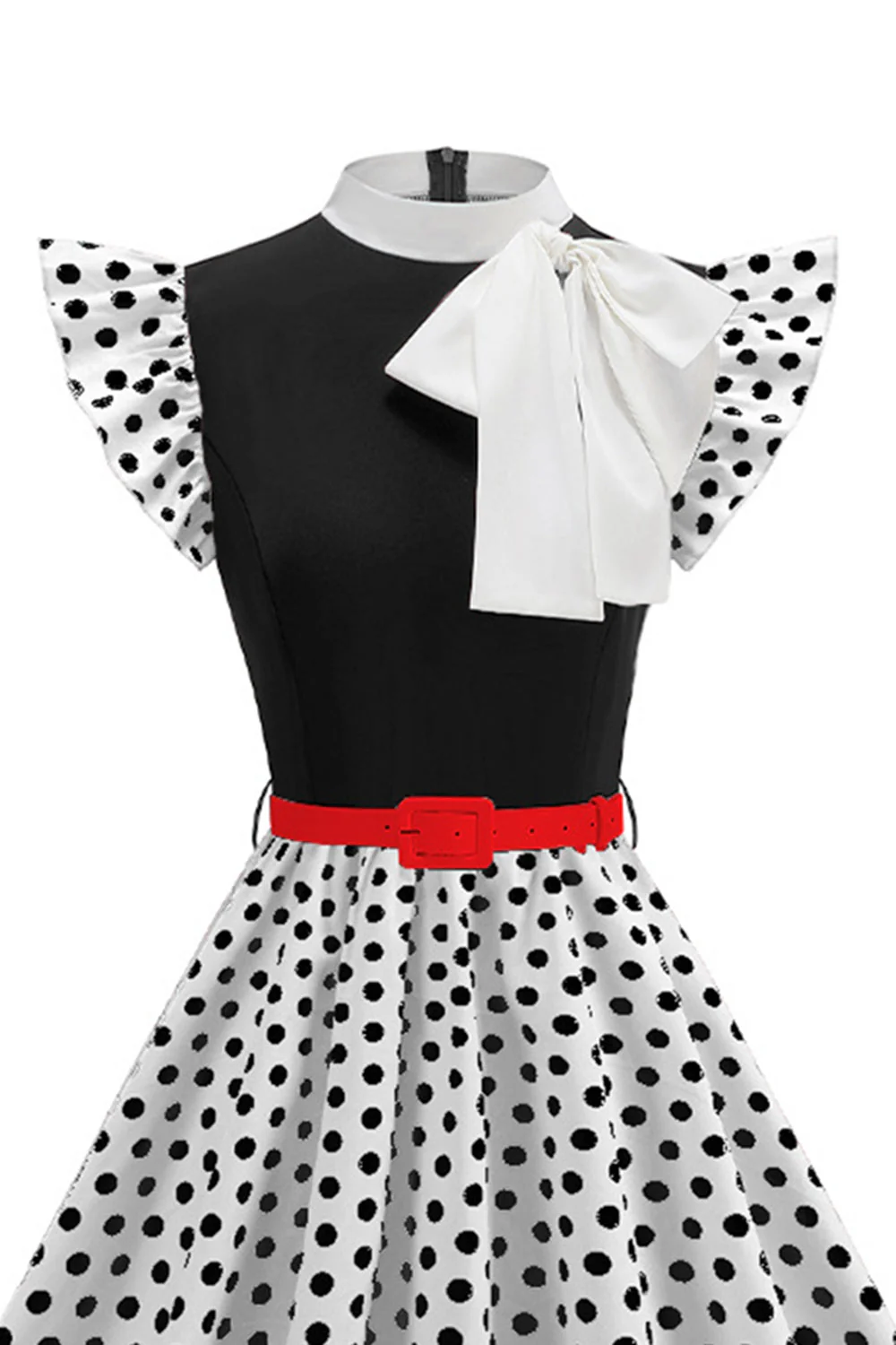 High Neck Polka Dots Black A Line 1950s Dress With Bow - Image 6