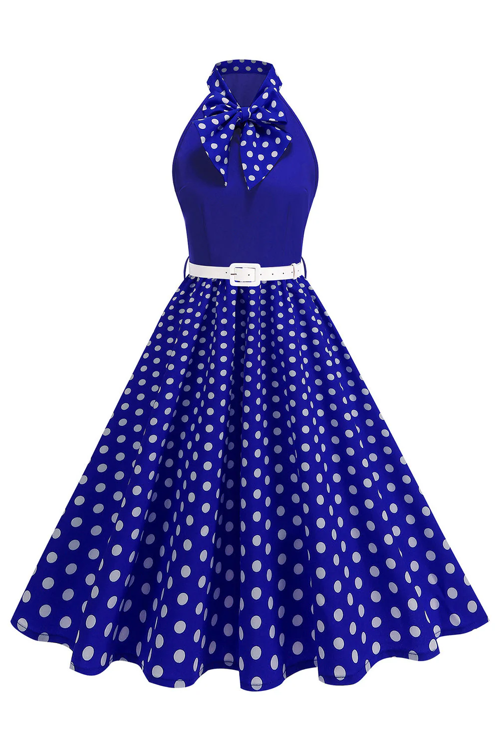 High Neck Polka Dots Green A Line 1950s Dress with Bow - Image 3