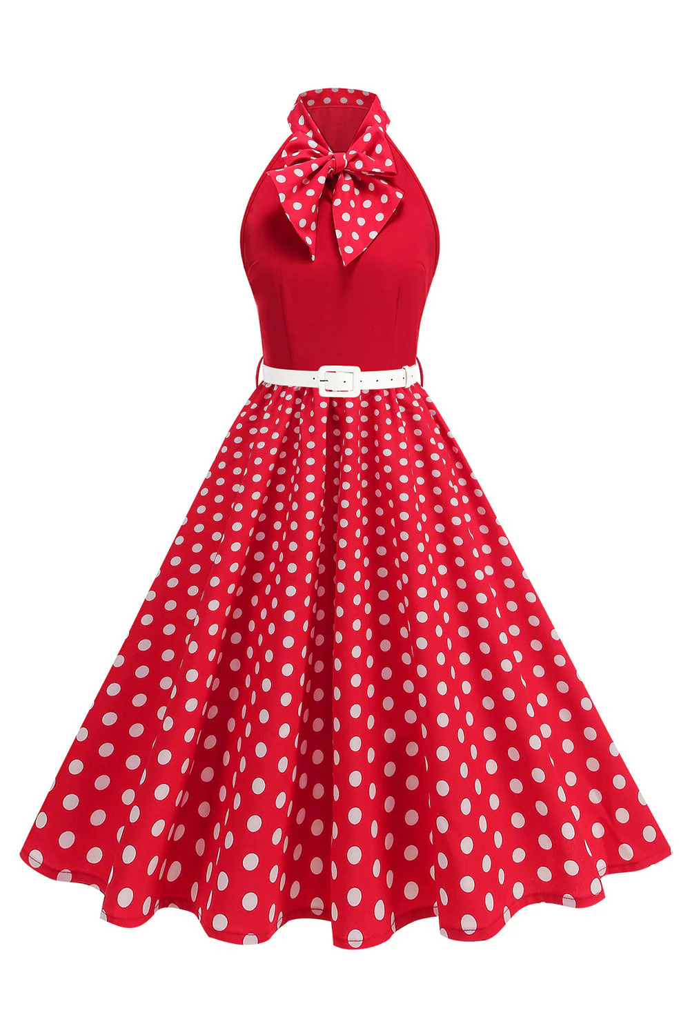 High Neck Polka Dots Green A Line 1950s Dress with Bow - Image 5