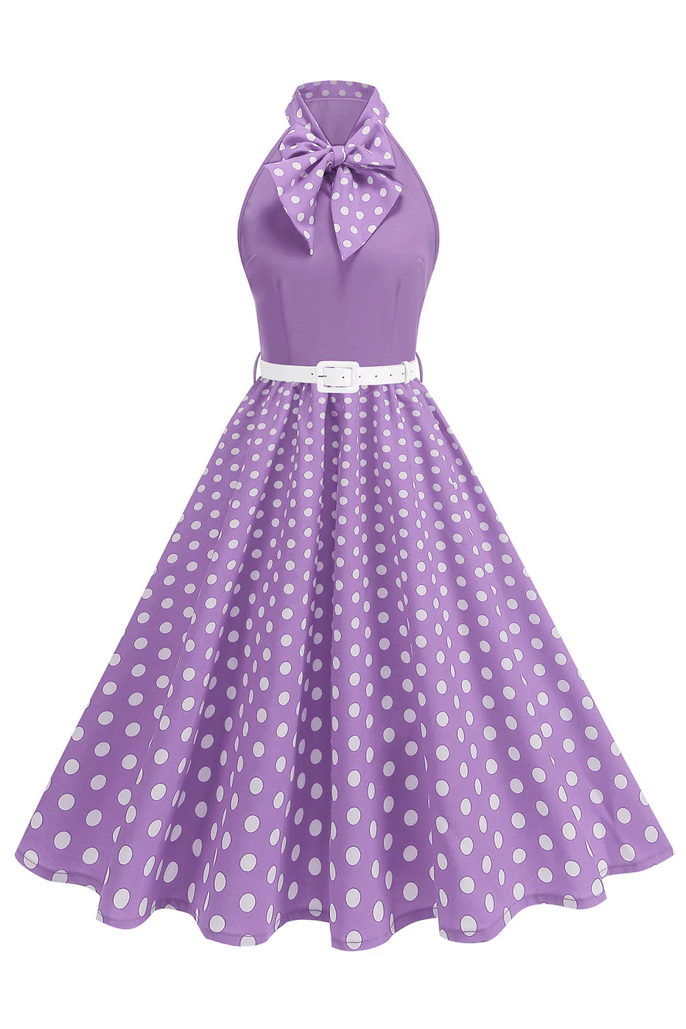 High Neck Polka Dots Green A Line 1950s Dress with Bow - Image 7