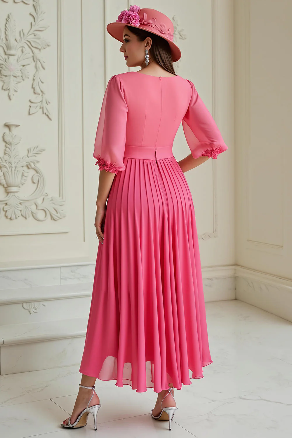 Hot Pink A Line Pleated Chiffon Wedding Guest Dress - Image 2