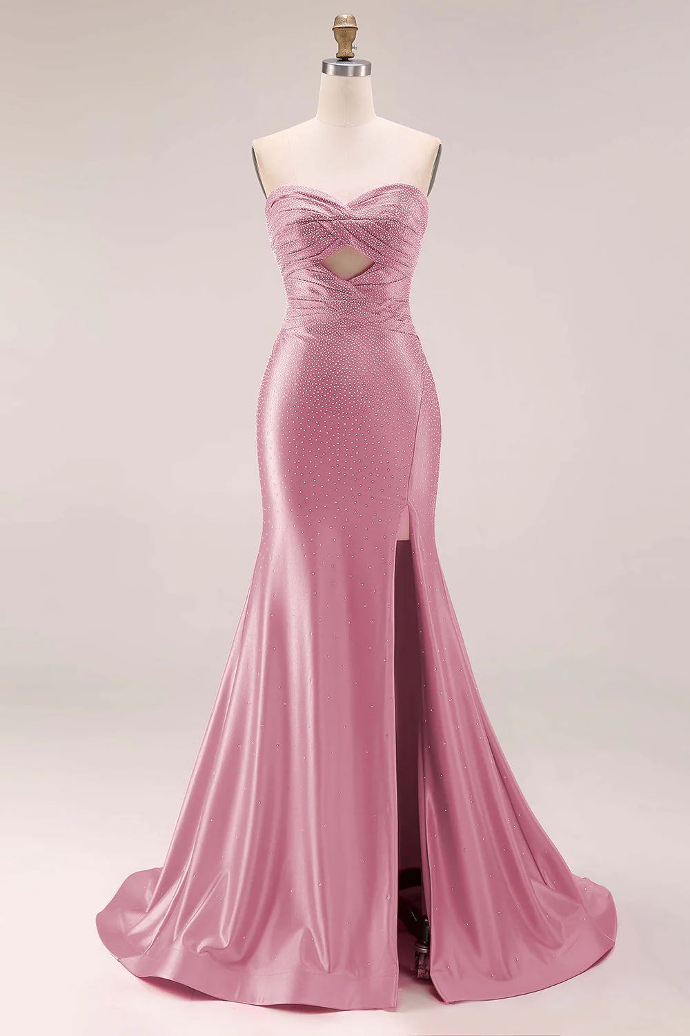 Hot Pink Beaded Mermaid Cut Out Ruched Strapless Long Prom Dress with Slit - Image 10