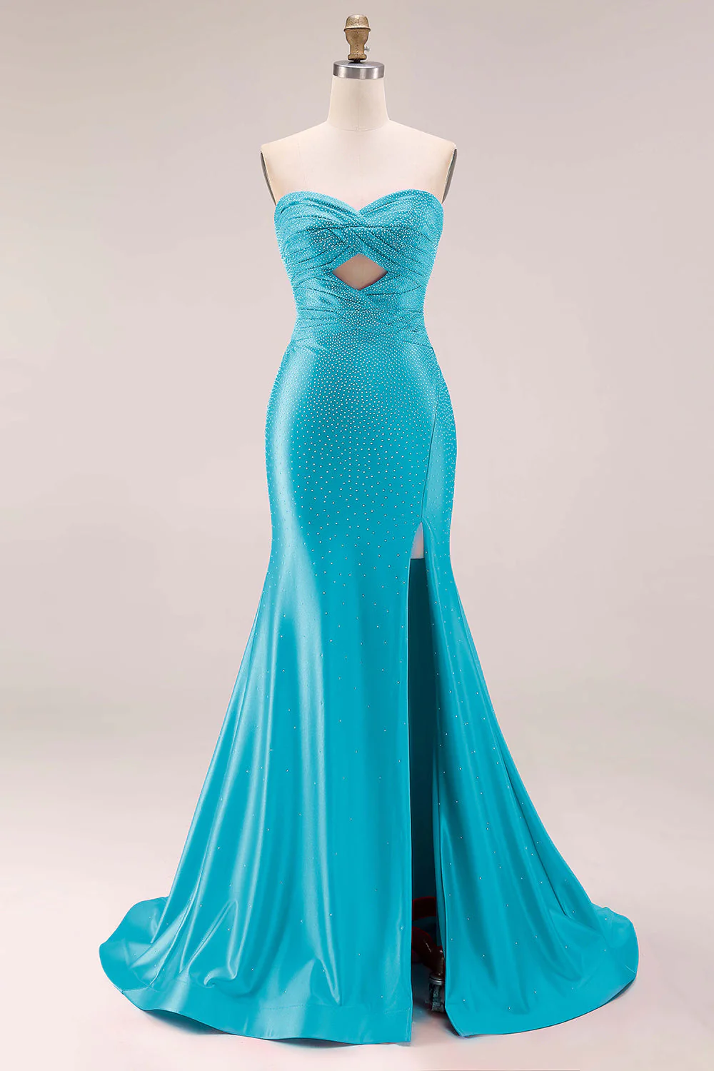Hot Pink Beaded Mermaid Cut Out Ruched Strapless Long Prom Dress with Slit - Image 11