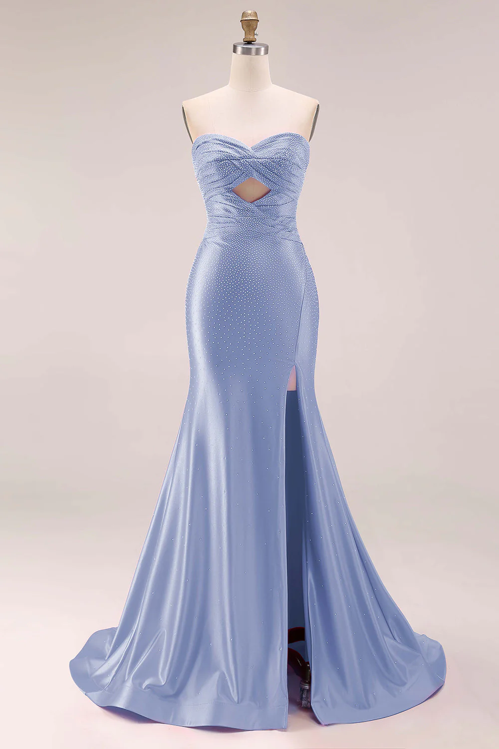 Hot Pink Beaded Mermaid Cut Out Ruched Strapless Long Prom Dress with Slit - Image 12