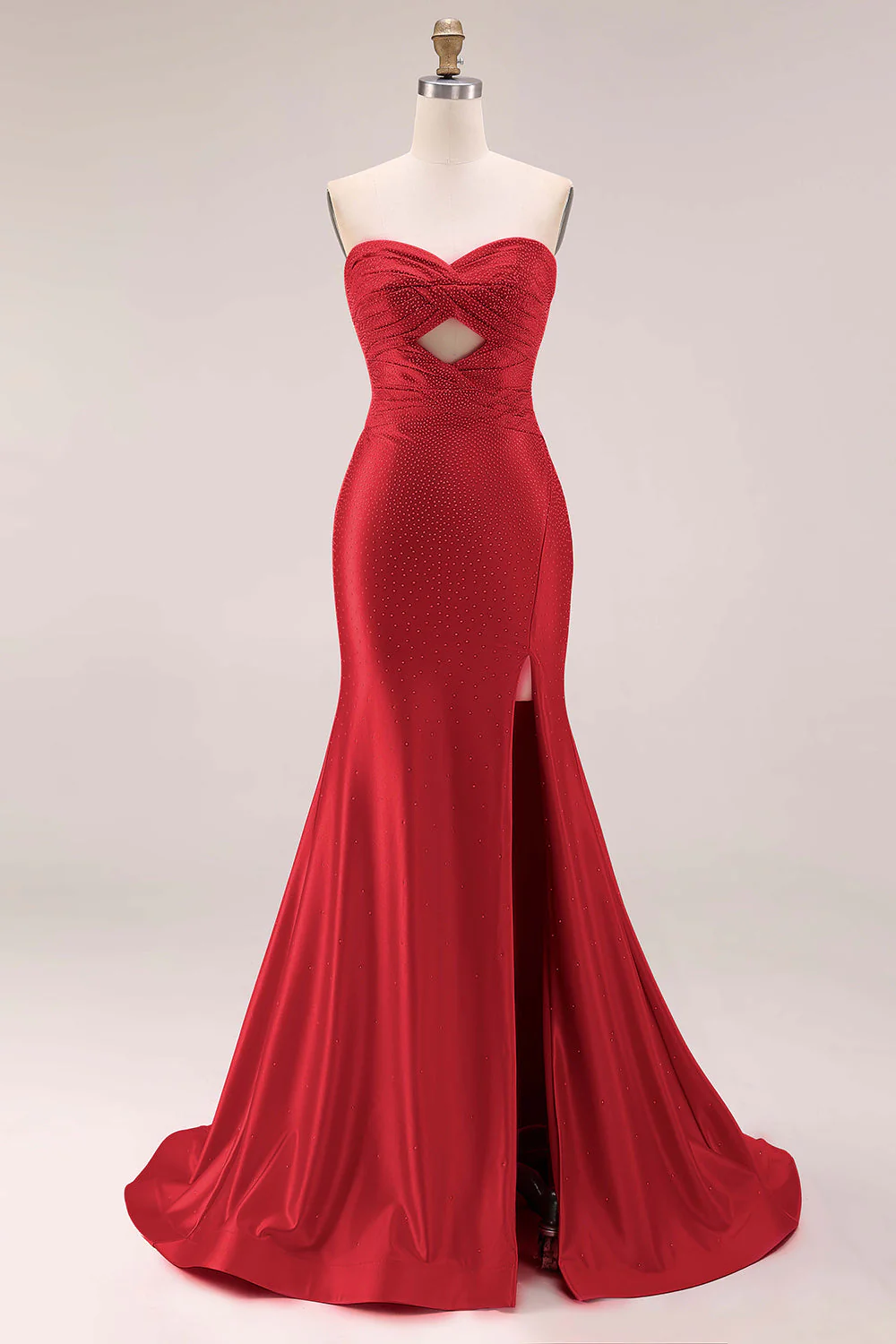 Hot Pink Beaded Mermaid Cut Out Ruched Strapless Long Prom Dress with Slit - Image 15