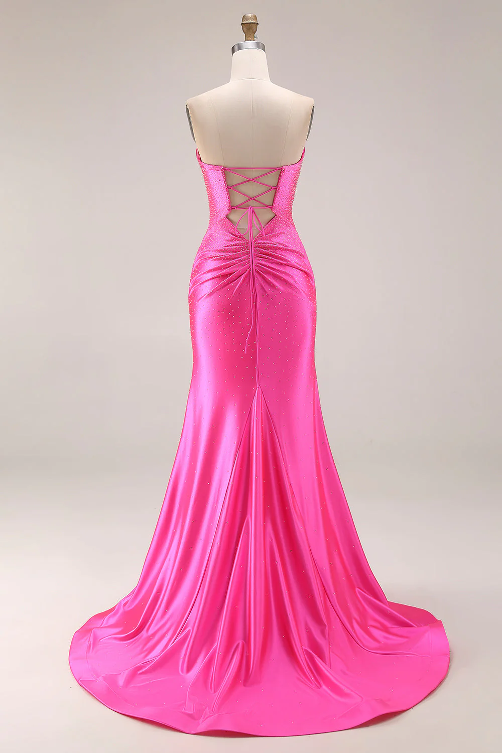 Hot Pink Beaded Mermaid Cut Out Ruched Strapless Long Prom Dress with Slit - Image 2