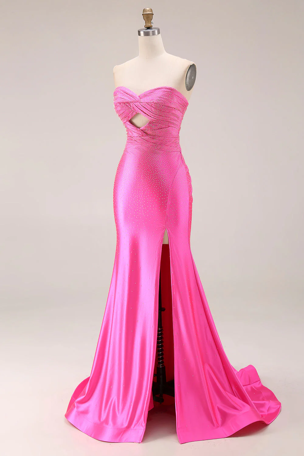 Hot Pink Beaded Mermaid Cut Out Ruched Strapless Long Prom Dress with Slit - Image 3