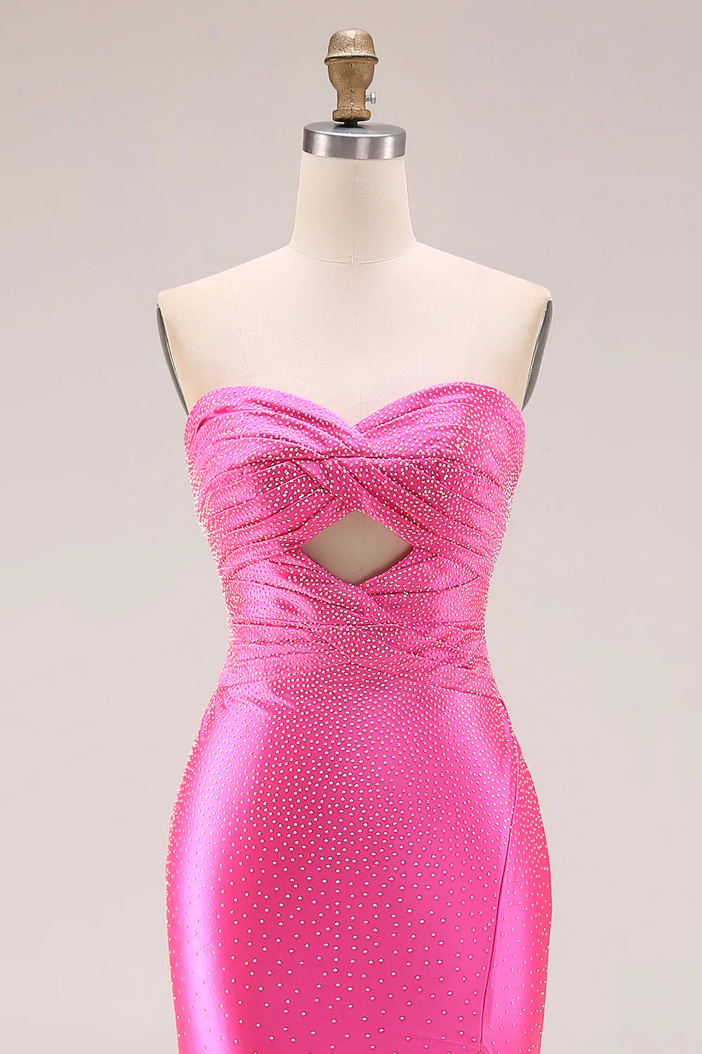 Hot Pink Beaded Mermaid Cut Out Ruched Strapless Long Prom Dress with Slit - Image 4