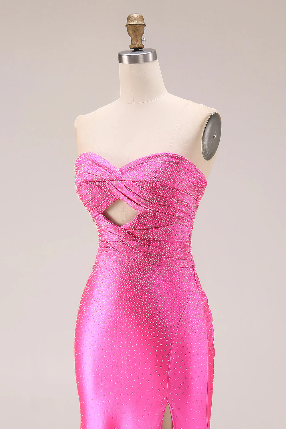 Hot Pink Beaded Mermaid Cut Out Ruched Strapless Long Prom Dress with Slit - Image 5