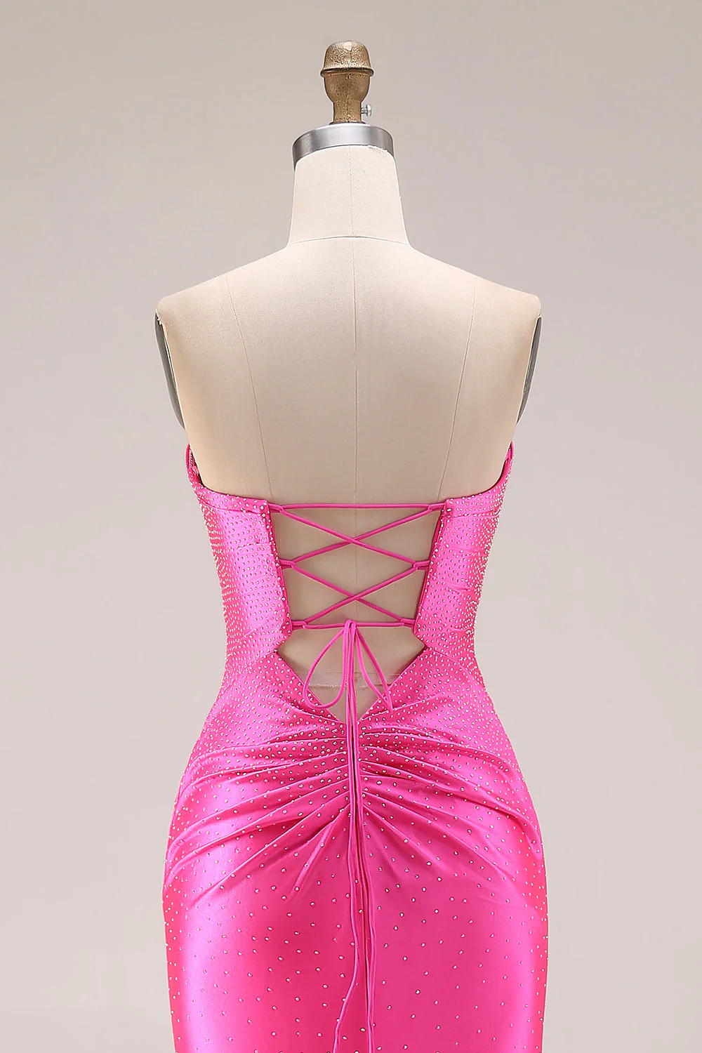 Hot Pink Beaded Mermaid Cut Out Ruched Strapless Long Prom Dress with Slit - Image 6