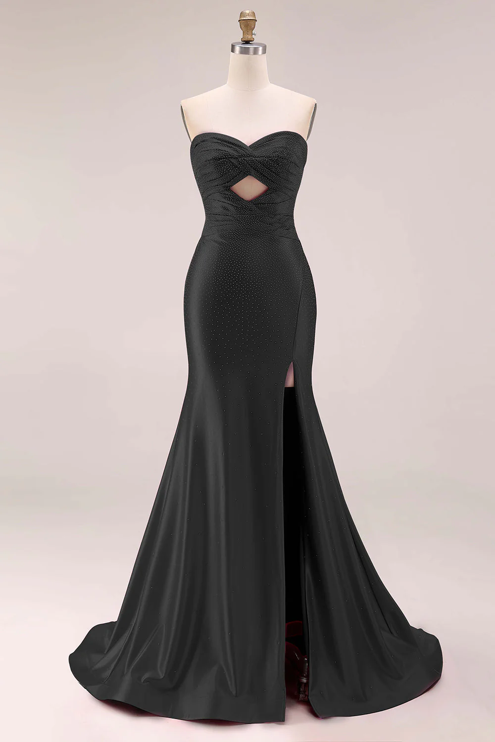 Hot Pink Beaded Mermaid Cut Out Ruched Strapless Long Prom Dress with Slit - Image 7