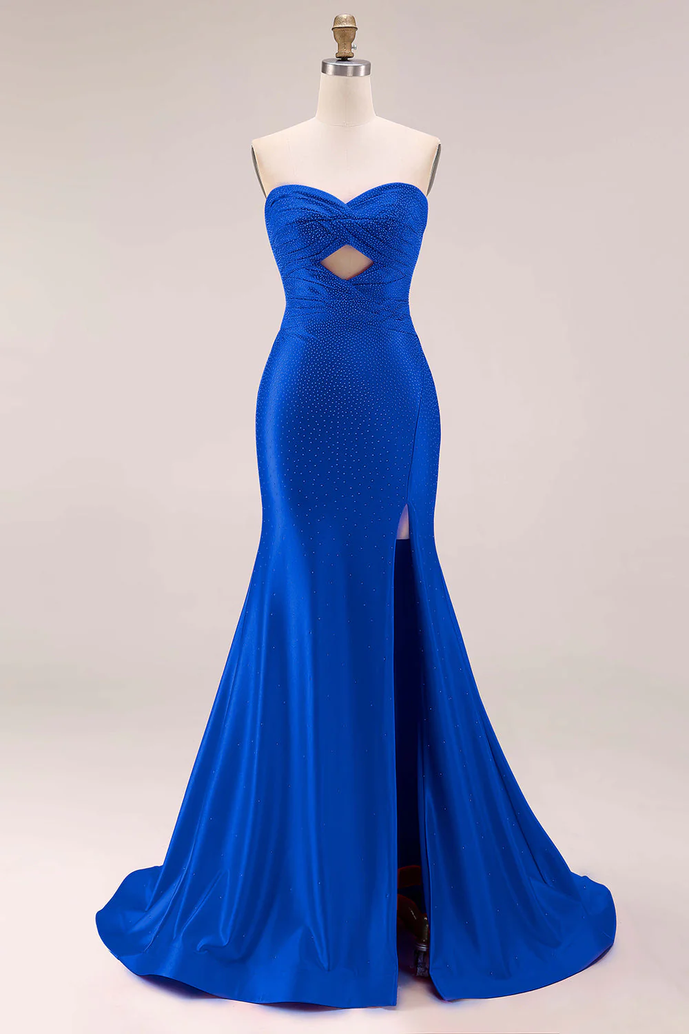 Hot Pink Beaded Mermaid Cut Out Ruched Strapless Long Prom Dress with Slit - Image 8