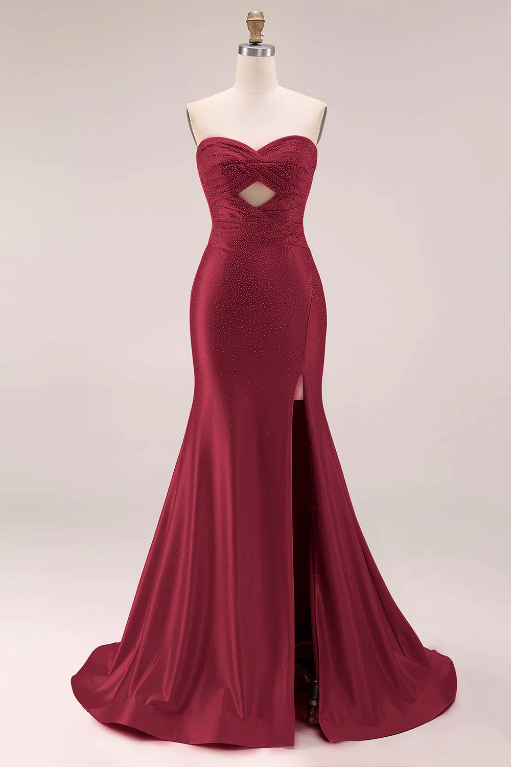 Hot Pink Beaded Mermaid Cut Out Ruched Strapless Long Prom Dress with Slit - Image 9