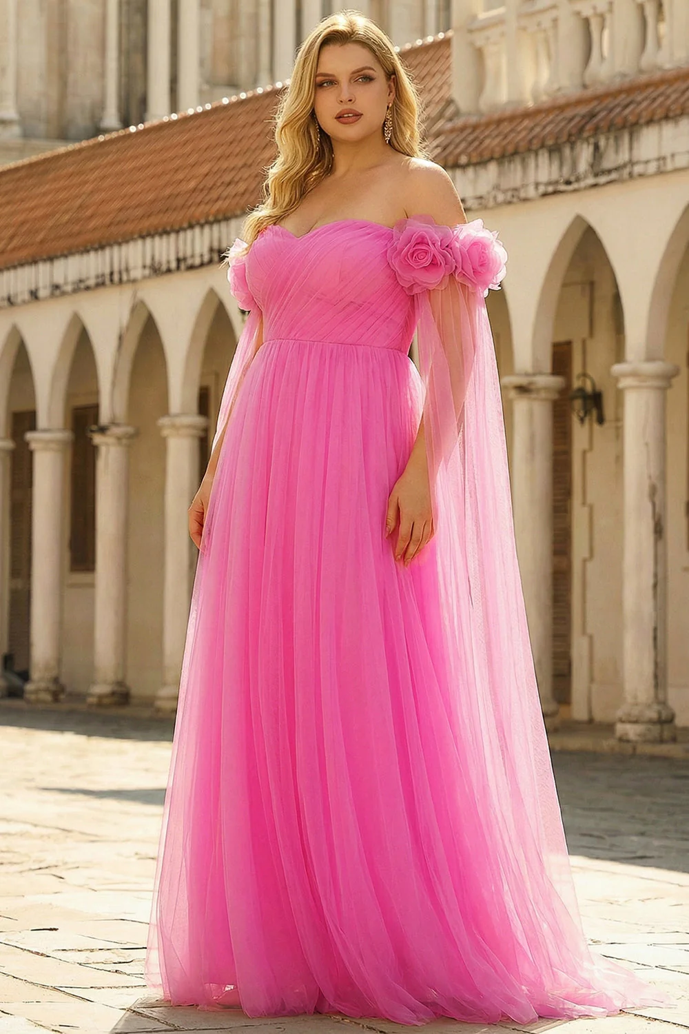 Hot Pink Off the Shoulder A Line Pleated Tulle Long Plus Size Prom Dress with Streamer - Image 3