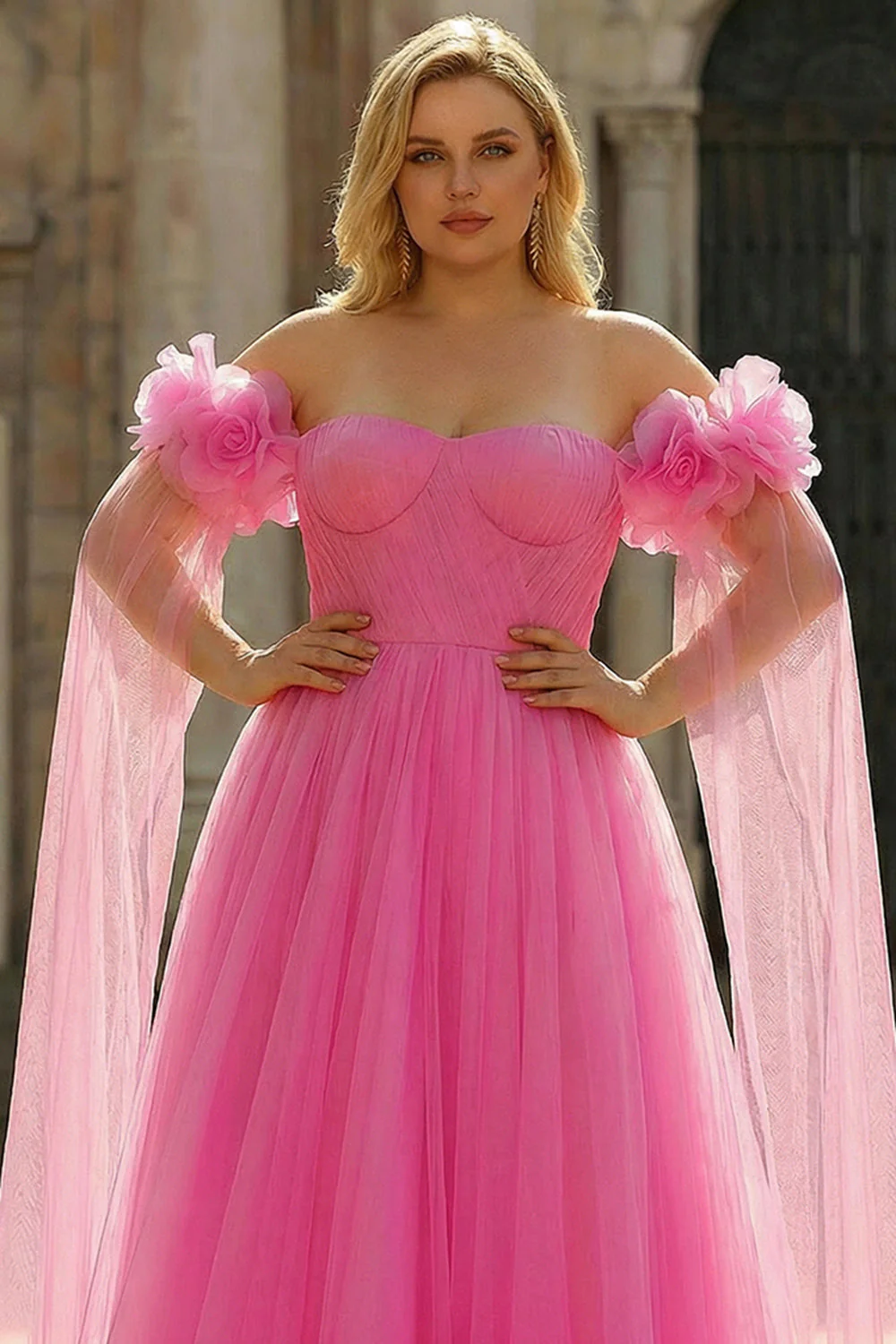 Hot Pink Off the Shoulder A Line Pleated Tulle Long Plus Size Prom Dress with Streamer - Image 4